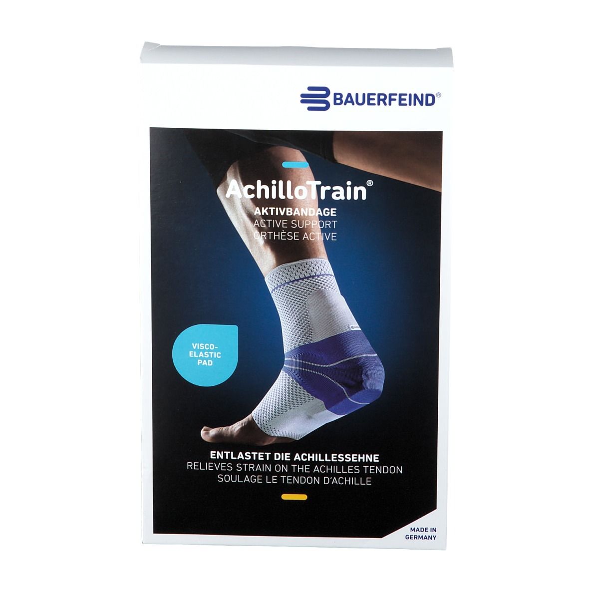 Bauerfeind AchilloTrain Aktivbandage in Verpackung. Zeigt ein Knöchelmodell. Text: Entlastet die Achillessehne.