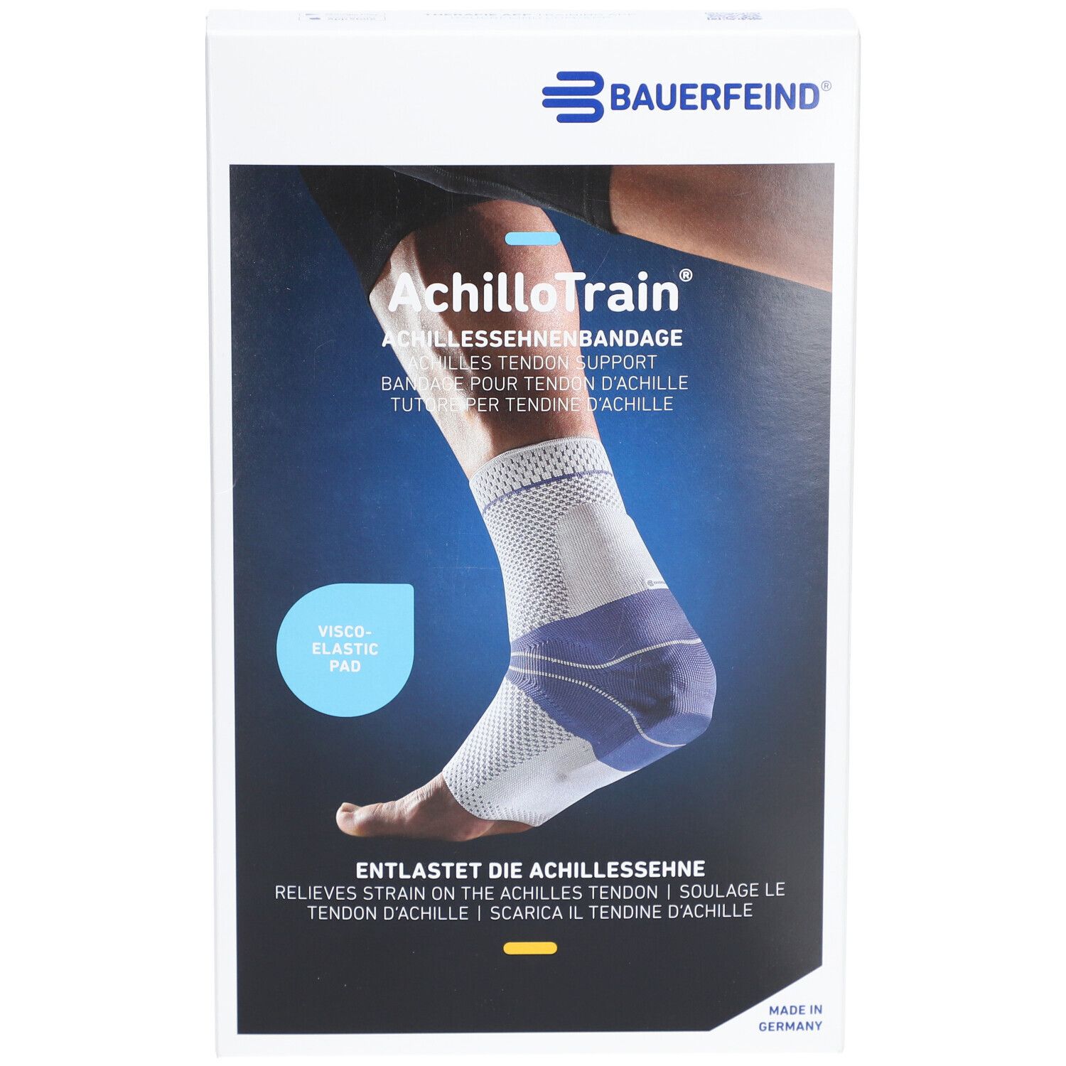 AchilloTrain Bandage auf weißem Hintergrund. Marke Bauerfeind. Viskoelastisches Pad. Bandage am Fuß.