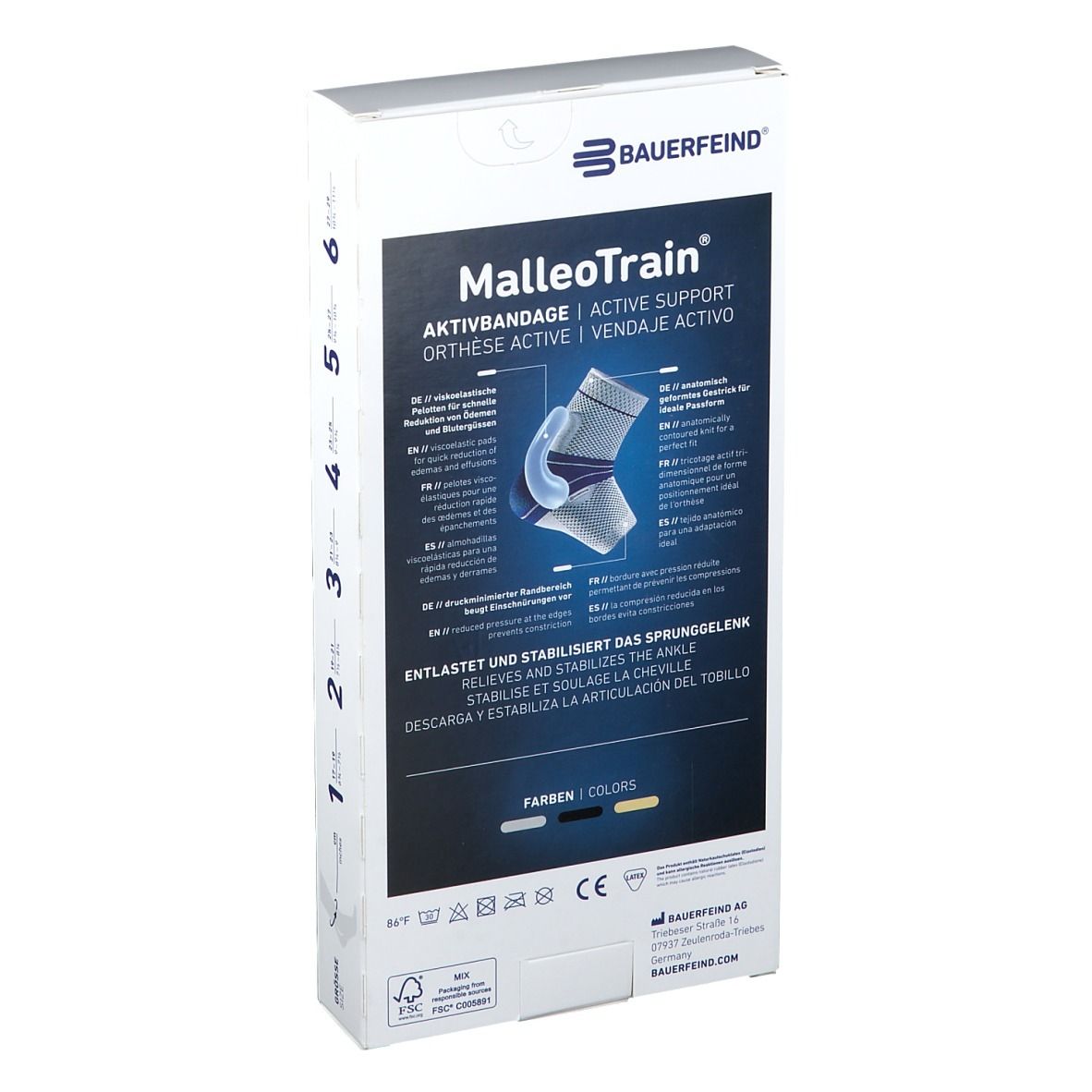 Rückseite der MalleoTrain Verpackung. Enthält Produktinformationen und Größenangaben. Aufschrift: MalleoTrain, Aktivbandage, Bauerfeind.