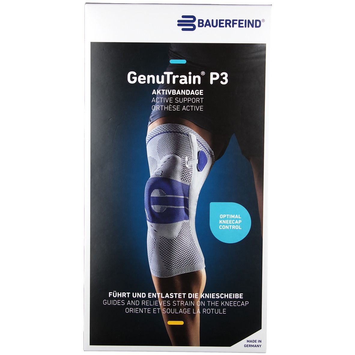Kniebandage mit blauen Akzenten, am Bein getragen. Text: GenuTrain P3, Aktivbandage, Bauerfeind. Optimale Kniescheibenführung.