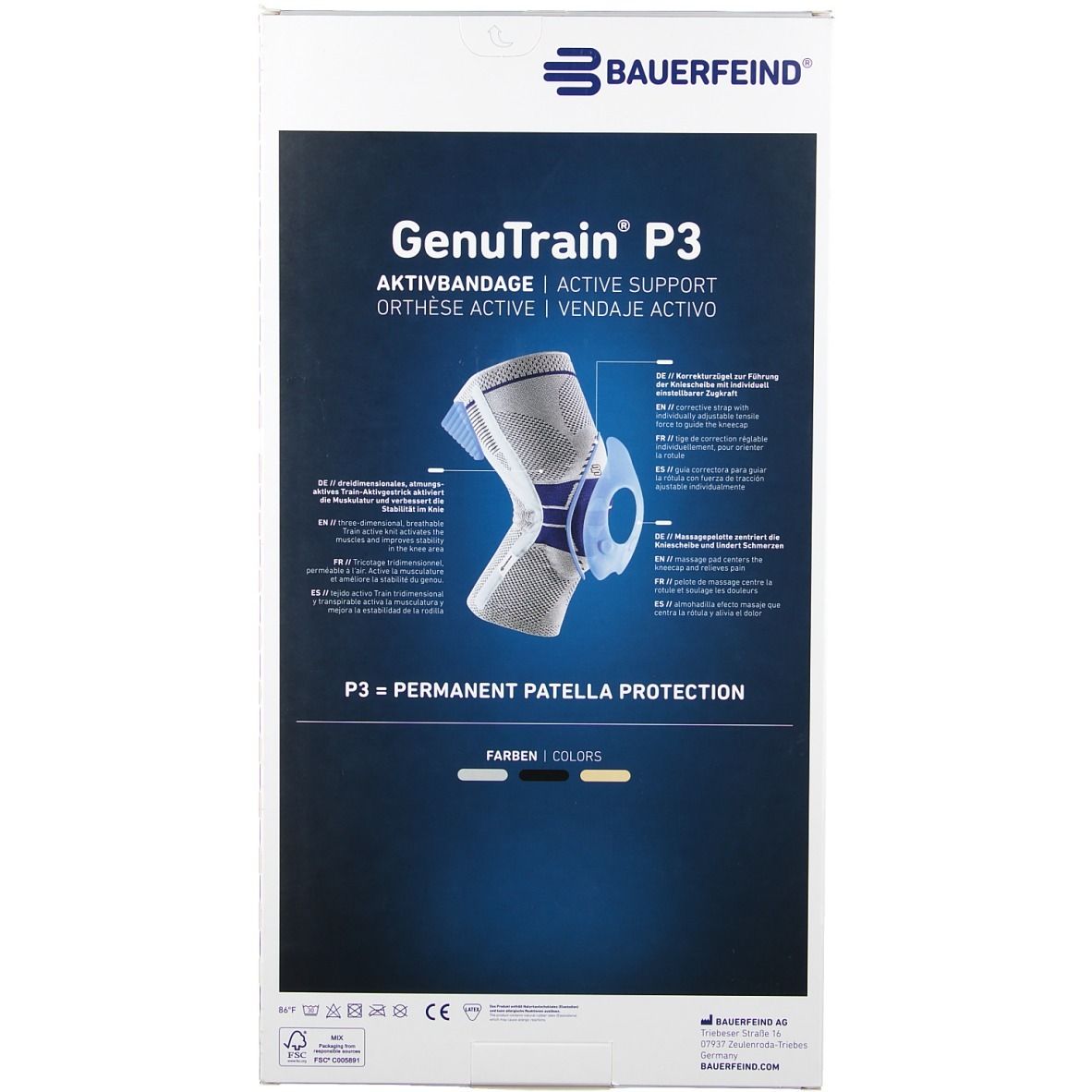 Rückseite der Verpackung einer Kniebandage. Text: GenuTrain P3, Aktivbandage, Bauerfeind. Permanent Patella Protection. Farben.
