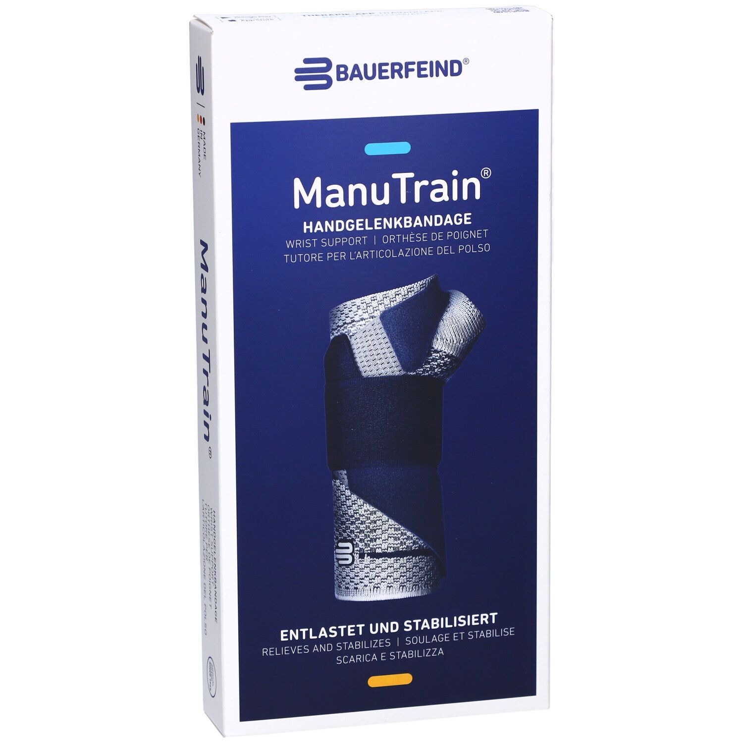 Vorderansicht der Verpackung. Handgelenkbandage abgebildet. Produktname und Logo. Blau-weißes Design.