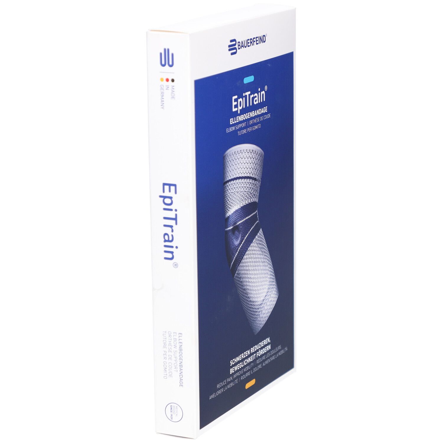 EpiTrain Ellenbogenbandage Verpackung. Seitenansicht. Blau-weißes Design. Bauerfeind Logo. Produktname.