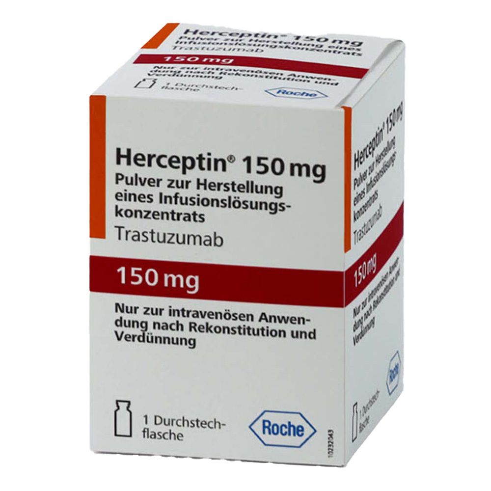 Herceptin 150 mg, Pulver zur Herstellung eines Infusionslösungskonzentrats. Weiße Faltschachtel mit roter und schwarzer Schrift.
