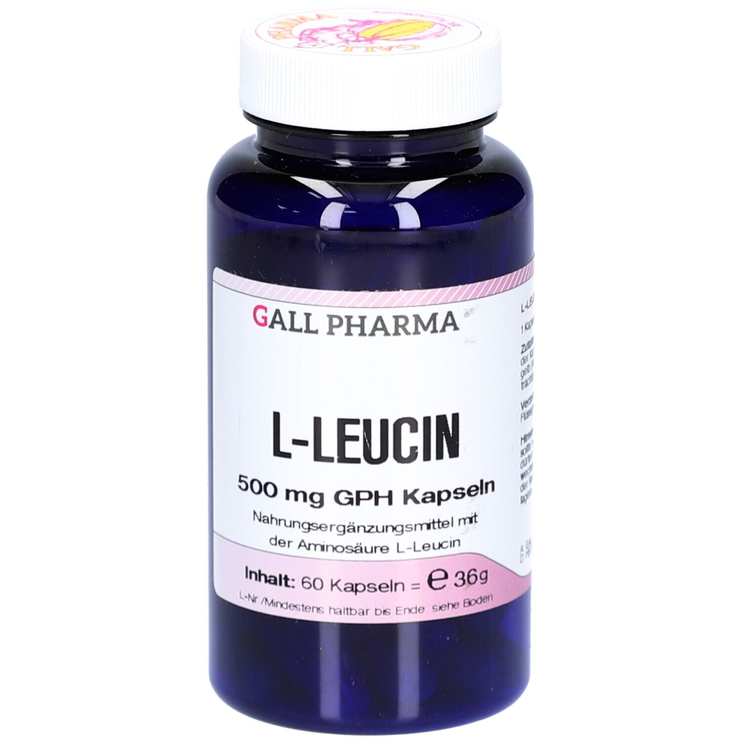 Blaue Flasche mit weißen Deckel. Aufschrift: L-LEUCIN 500 mg Kapseln. Marke: GALL PHARMA. Inhalt: 60 Kapseln.