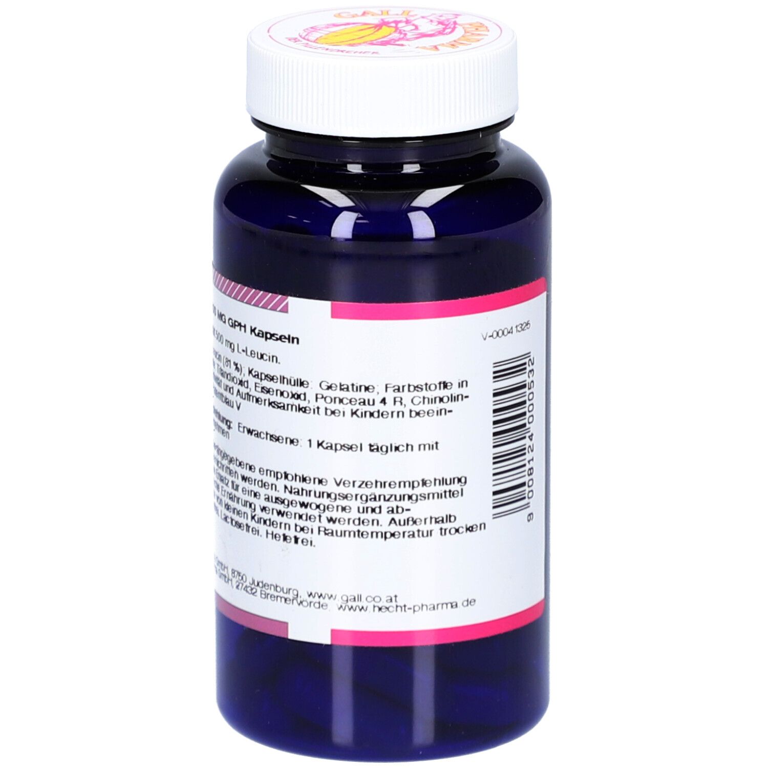 Blaue Flasche mit weißem Deckel. Rückseite mit Text. Produkt: L-LEUCIN 500 mg Kapseln. Marke: GALL PHARMA.