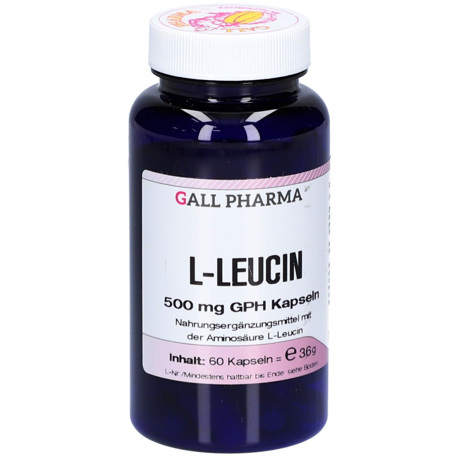 Blaue Flasche mit weißem Deckel. Aufschrift: L-LEUCIN 500 mg Kapseln. Marke: GALL PHARMA. Inhalt: 60 Kapseln.