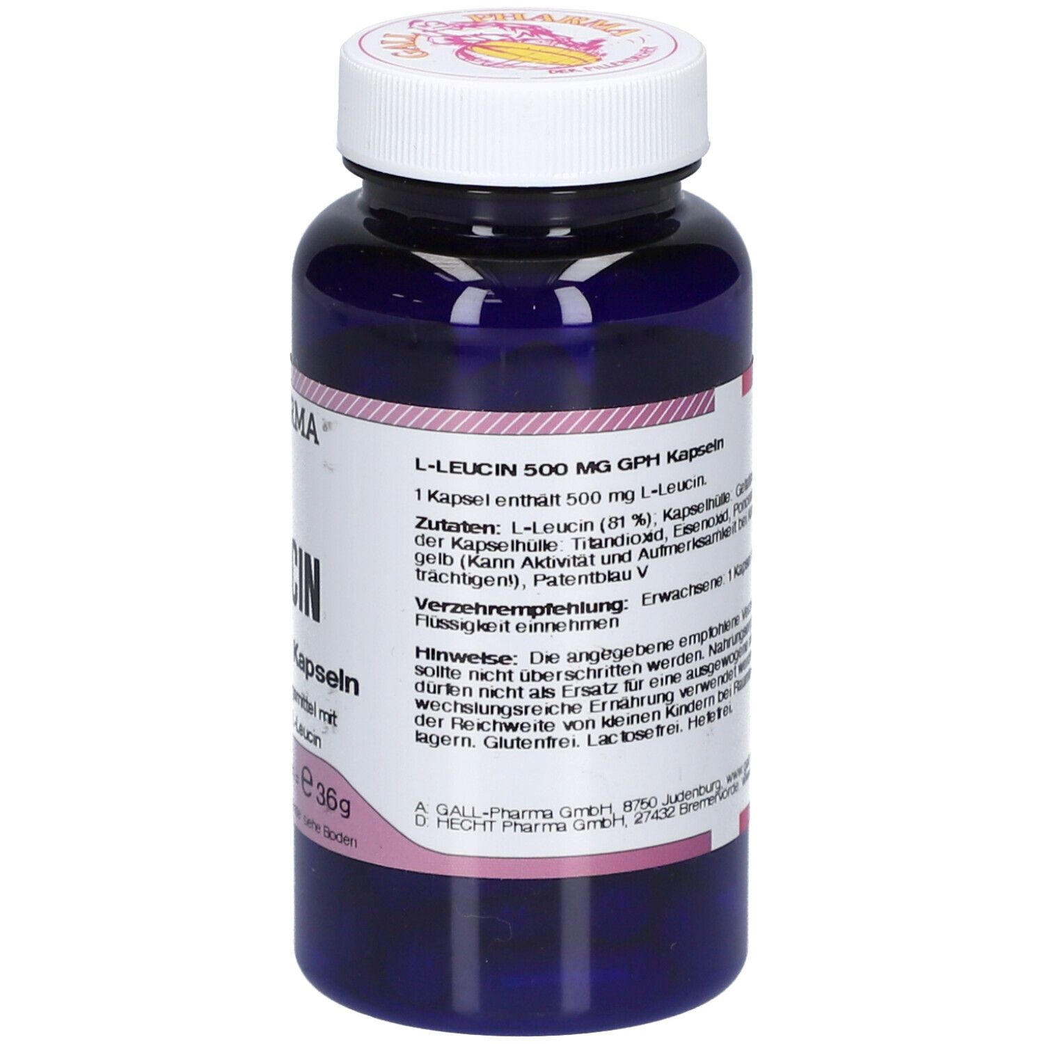 Blaue Flasche mit weißem Deckel. Aufschrift: L-LEUCIN 500 mg Kapseln. Marke: GALL PHARMA. Text auf Etikett.