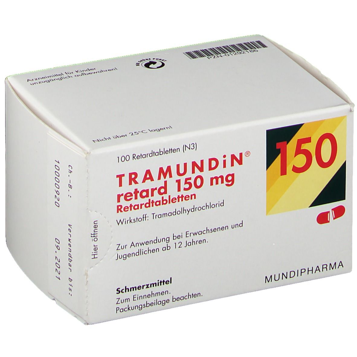Weißer Karton mit roter und gelber Beschriftung. Aufschrift: Tramundin retard 150 mg. Enthält 100 Retardtabletten.