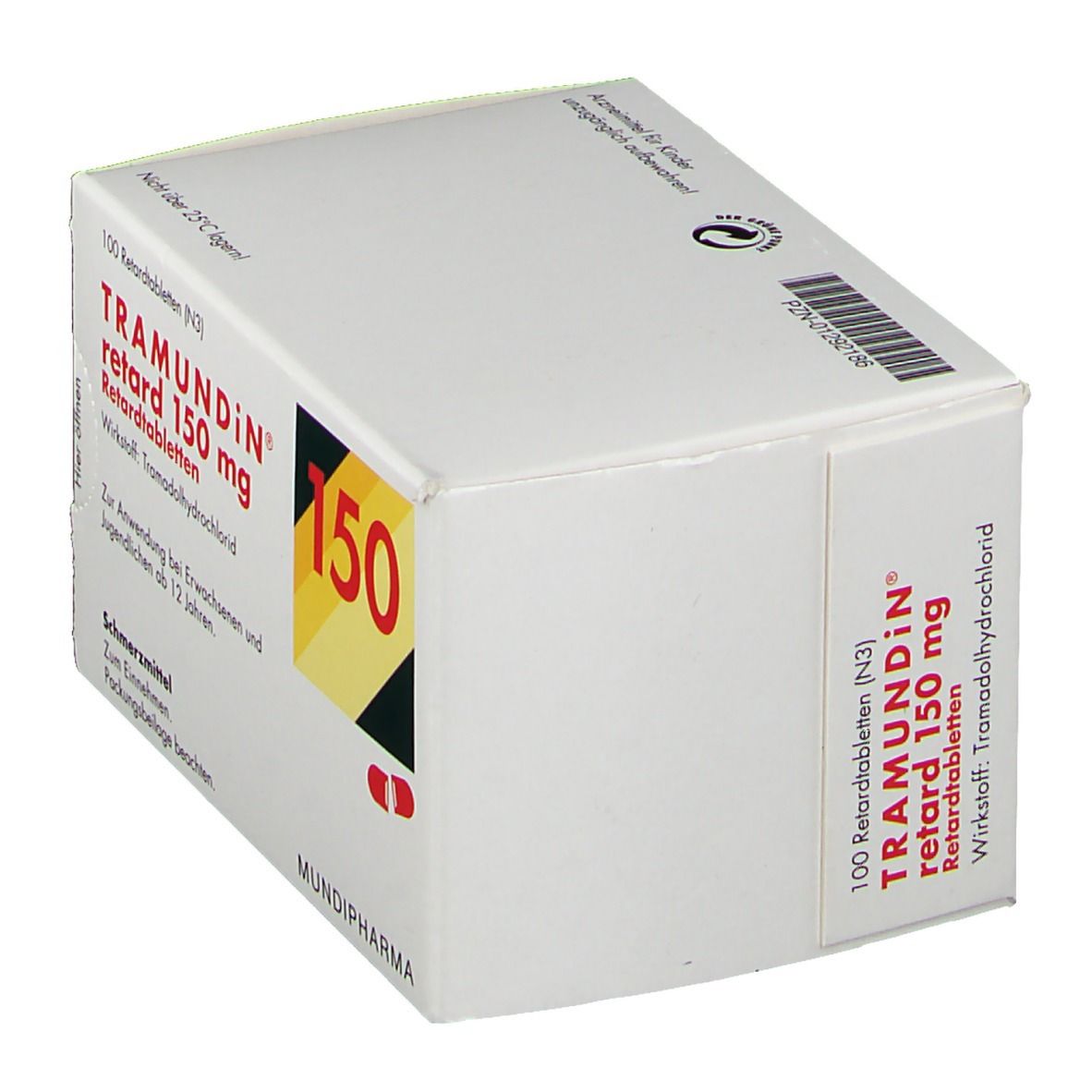 Schräg stehende weiße Kartonverpackung. Aufschrift: Tramundin retard 150 mg. Enthält 100 Retardtabletten. Mit roter und gelber Markierung.