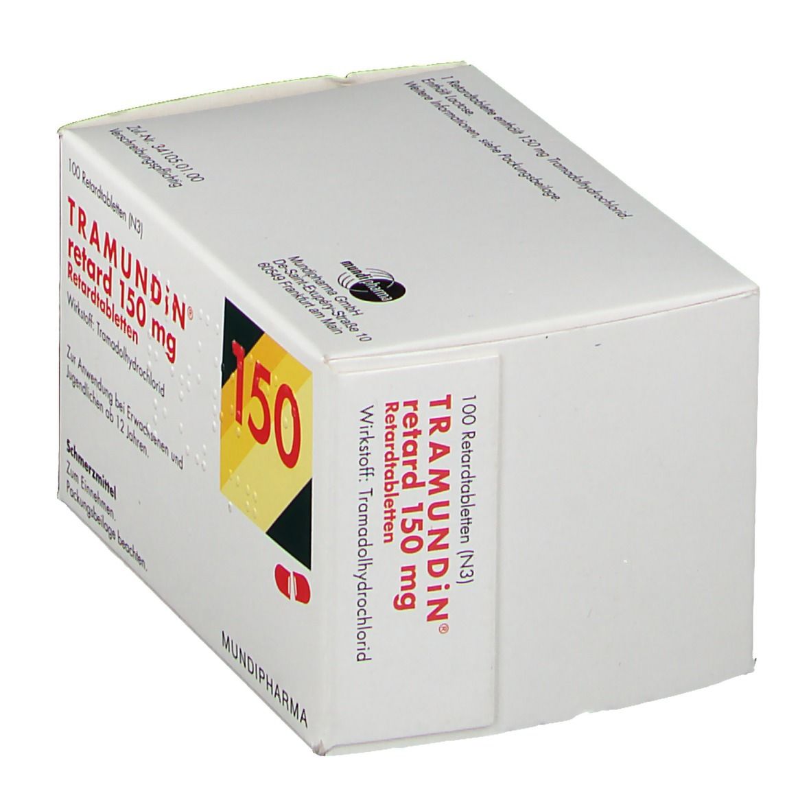 Schräg stehende weiße Kartonverpackung. Aufschrift: Tramundin retard 150 mg. Enthält 100 Retardtabletten. Mit roter und gelber Markierung.