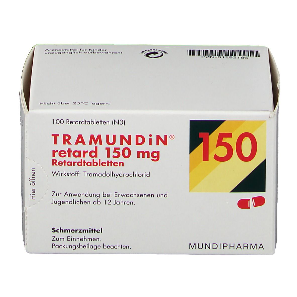 Weißer Karton mit roter und gelber Beschriftung. Aufschrift: Tramundin retard 150 mg. Enthält 100 Retardtabletten.