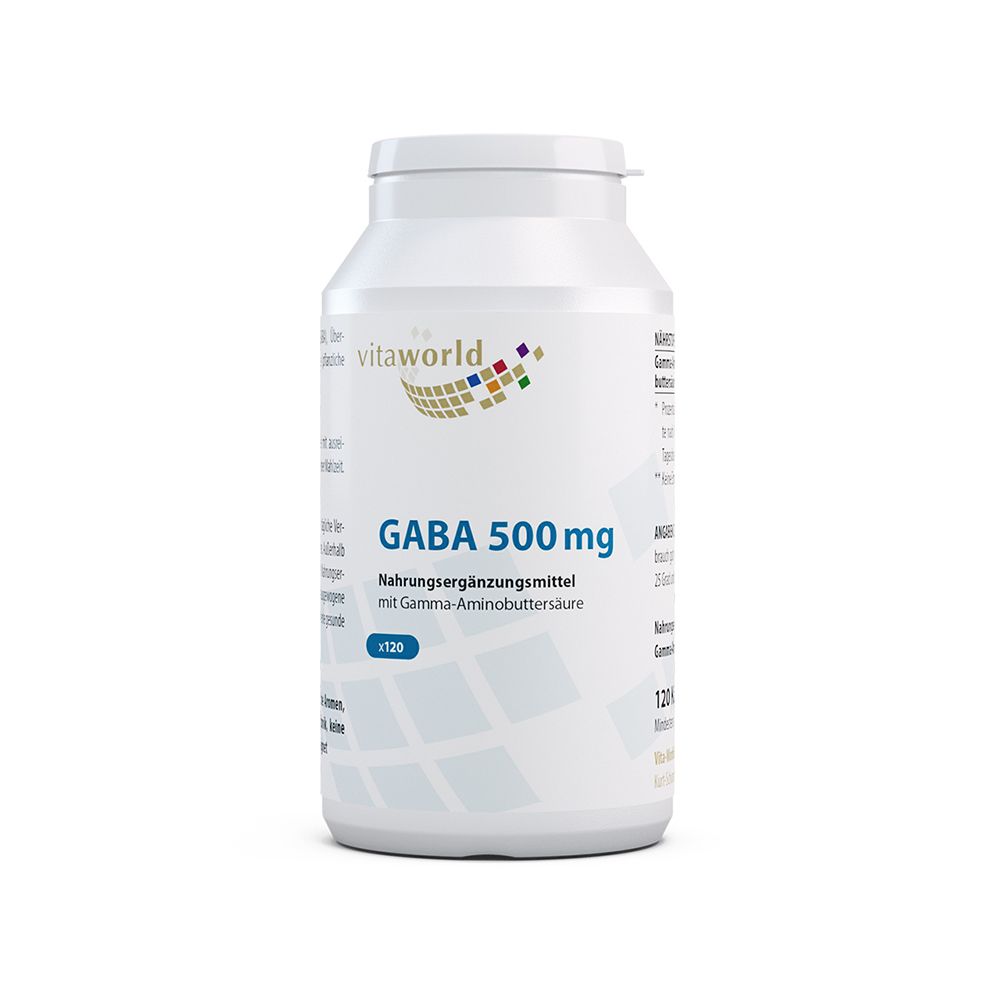Weiße Flasche mit Kapseln. Aufschrift: Gaba 500 mg, Nahrungsergänzungsmittel. Marke: vitaworld. 120 Kapseln.