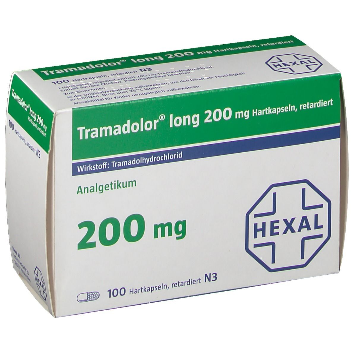Schachtel mit Tramadol long 200 mg Hartkapseln. Grün-weiße Verpackung mit Produktnamen, Dosierung und HEXAL-Logo.