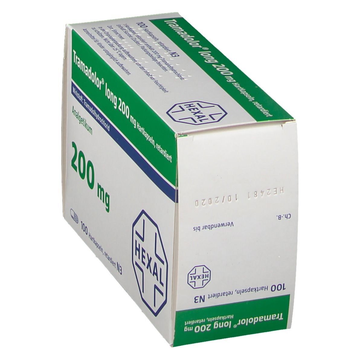 Schachtel Tramadol long 200 mg Hartkapseln, schräg. Grün-weiße Verpackung mit Produktinformationen und HEXAL-Logo.