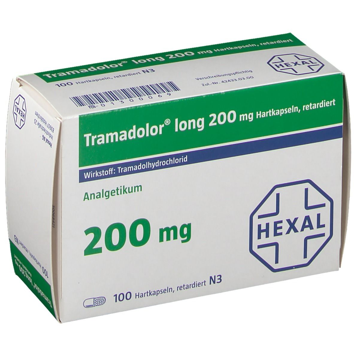 Schachtel Tramadol long 200 mg Hartkapseln. Grün-weiße Verpackung mit Produktinformationen und HEXAL-Logo.