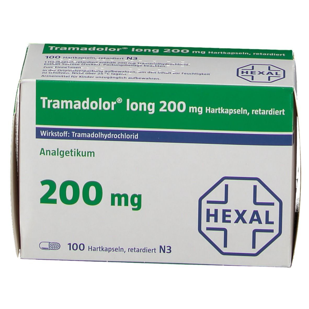 Schachtel Tramadol long 200 mg Hartkapseln. Grün-weiße Verpackung mit Produktinformationen und HEXAL-Logo.