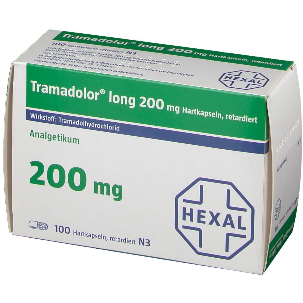 Schachtel Tramadol long 200 mg Hartkapseln. Grün-weiße Verpackung mit Produktinformationen und HEXAL-Logo.