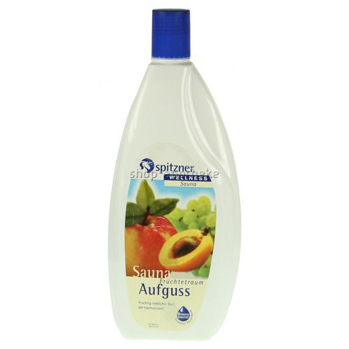 Flasche mit blauem Verschluss. Etikett mit Früchten und Schriftzug Sauna Aufguss. Marke Spitzner Wellness.