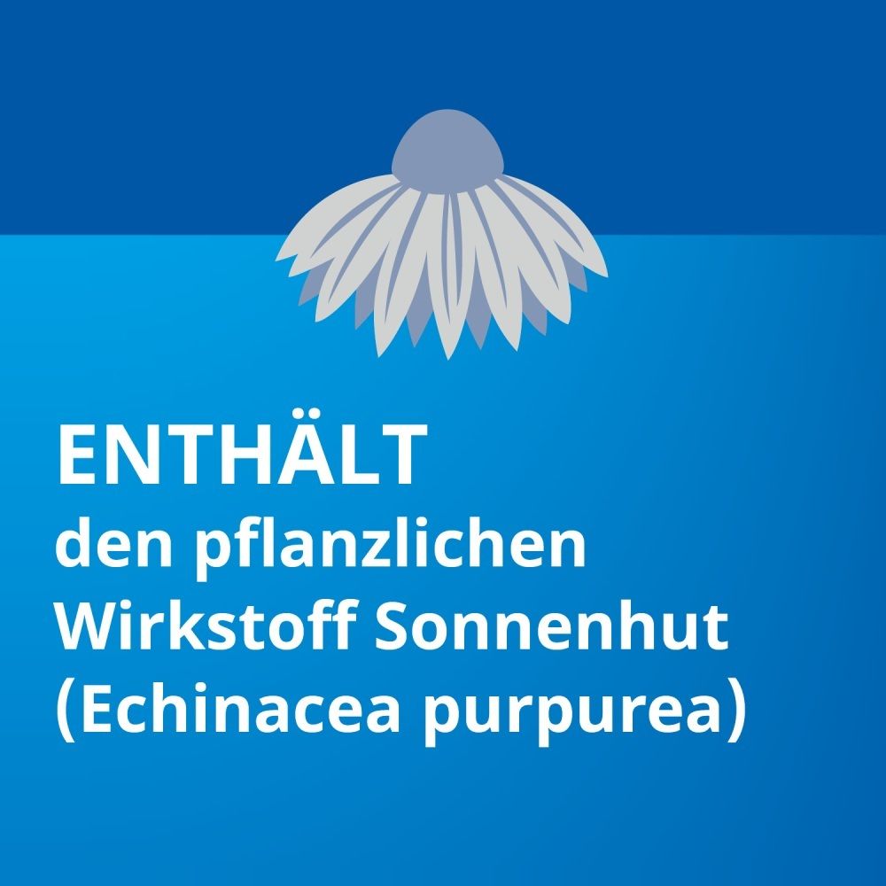 Symbol einer Sonnenblume und Text: Enthält den pflanzlichen Wirkstoff Sonnenhut.