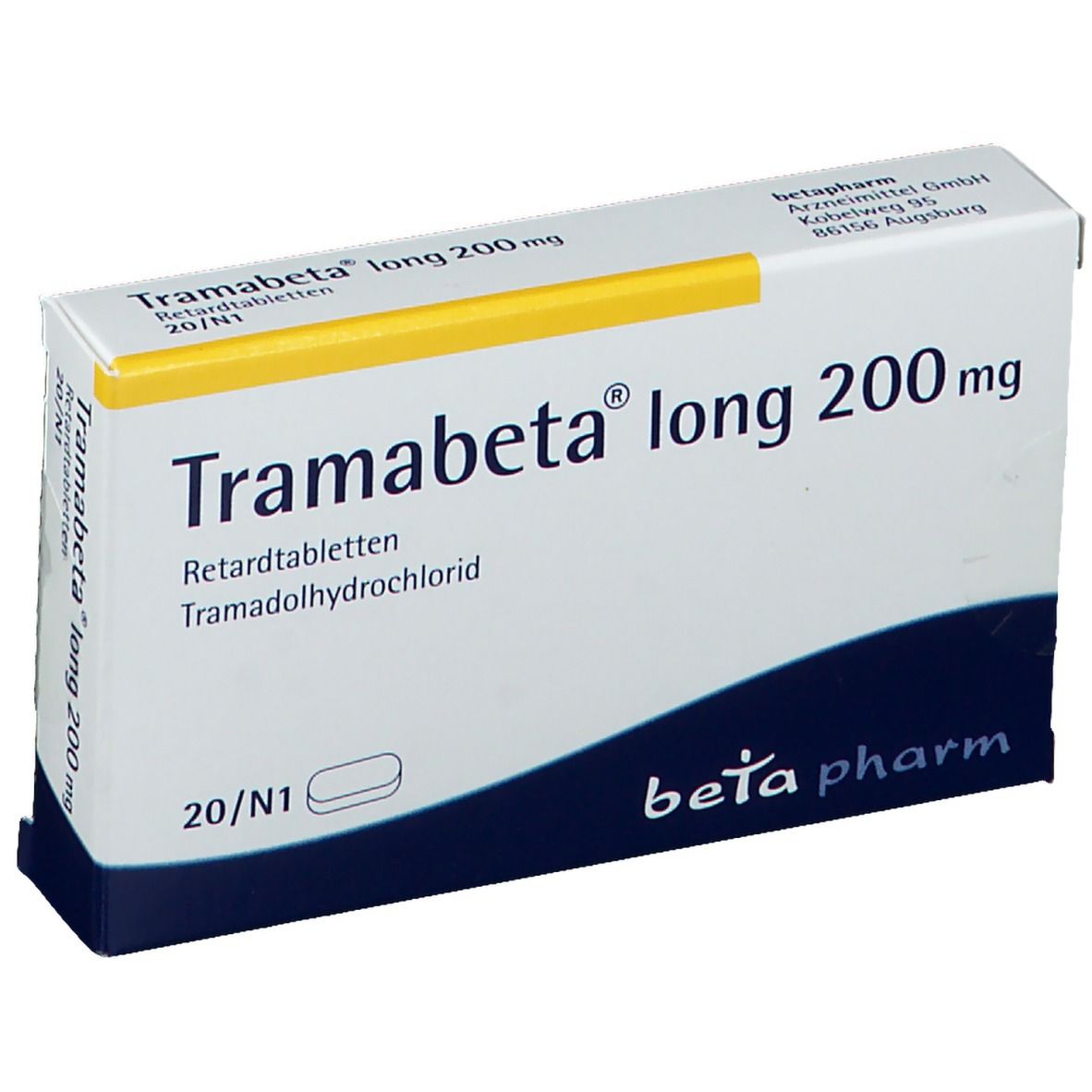 Schachtel Tramabeta® long 200 mg. Aufschrift: Retardtabletten, 20/N1. Hersteller: betapharm.