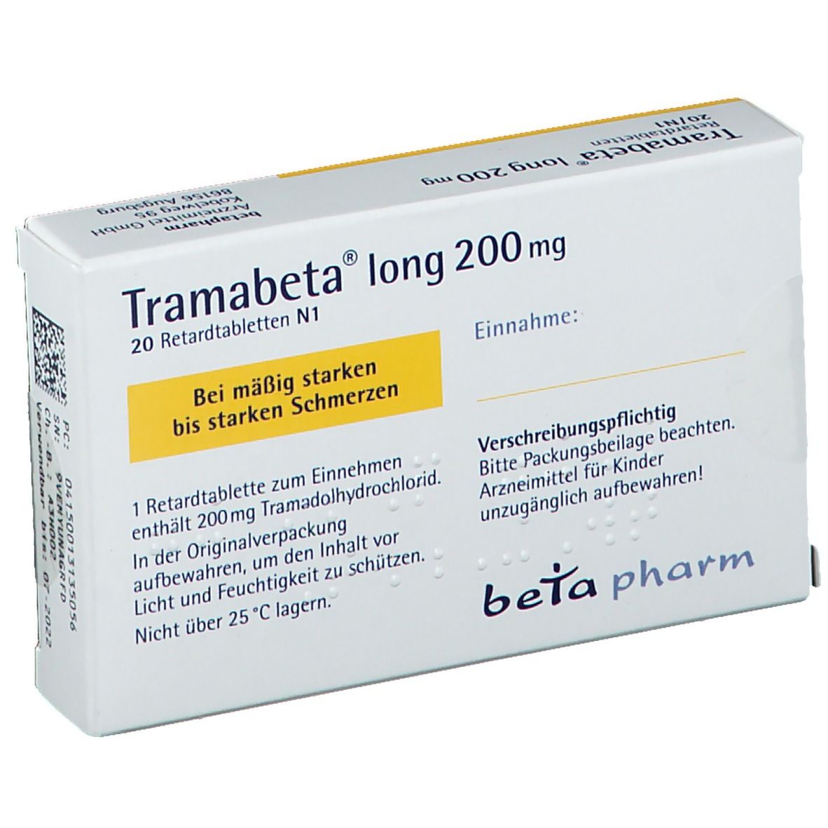 Schachtel Tramabeta® long 200 mg. Aufschrift: 20 Retardtabletten. Hersteller: betapharm. Gelber Streifen mit Text.