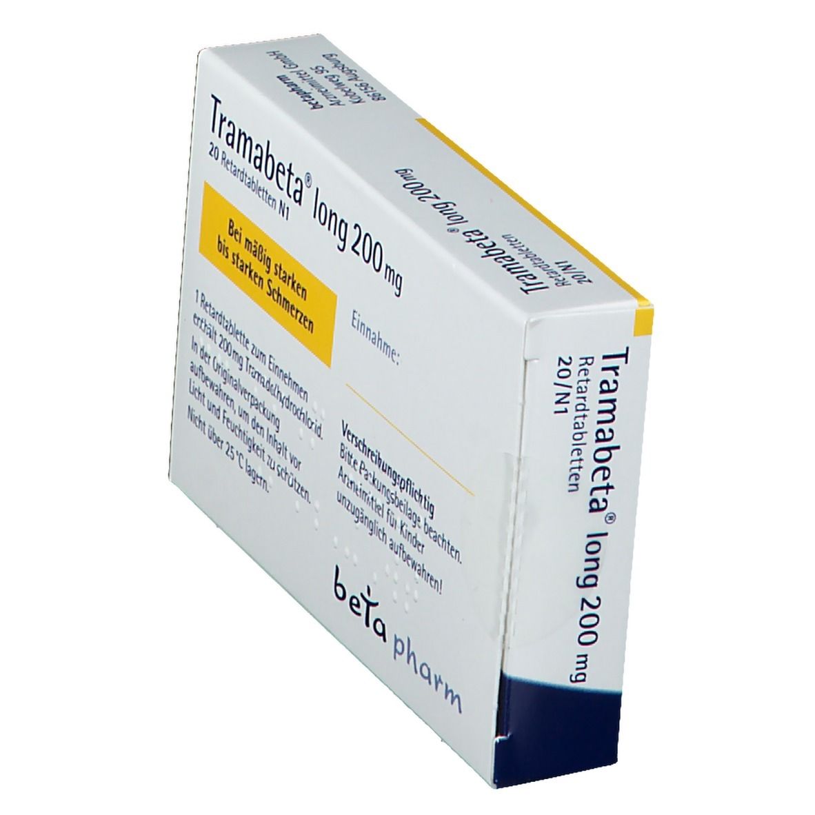 Schachtel Tramabeta® long 200 mg. Aufschrift: 20 Retardtabletten. Hersteller: betapharm. Gelber Streifen mit Text.