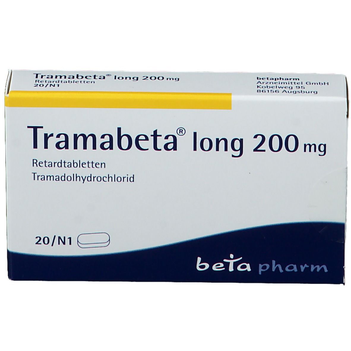 Schachtel Tramabeta® long 200 mg. Aufschrift: Retardtabletten, 20/N1. Hersteller: betapharm.
