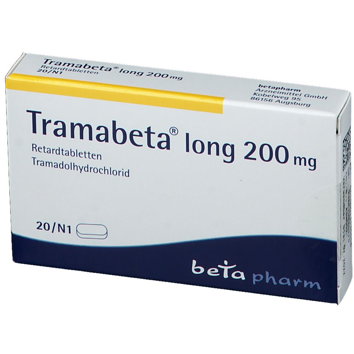 Schachtel Tramabeta® long 200 mg. Aufschrift: Retardtabletten, 20/N1. Hersteller: betapharm.