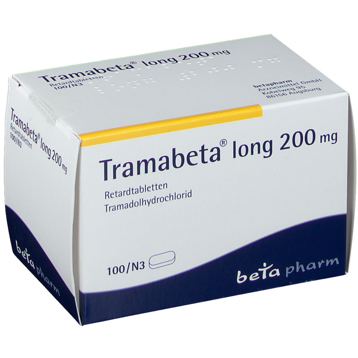 Schachtel mit "Tramabeta® long 200 mg". Weiß, blau und gelb. "beta pharm" Logo. 100/N3.