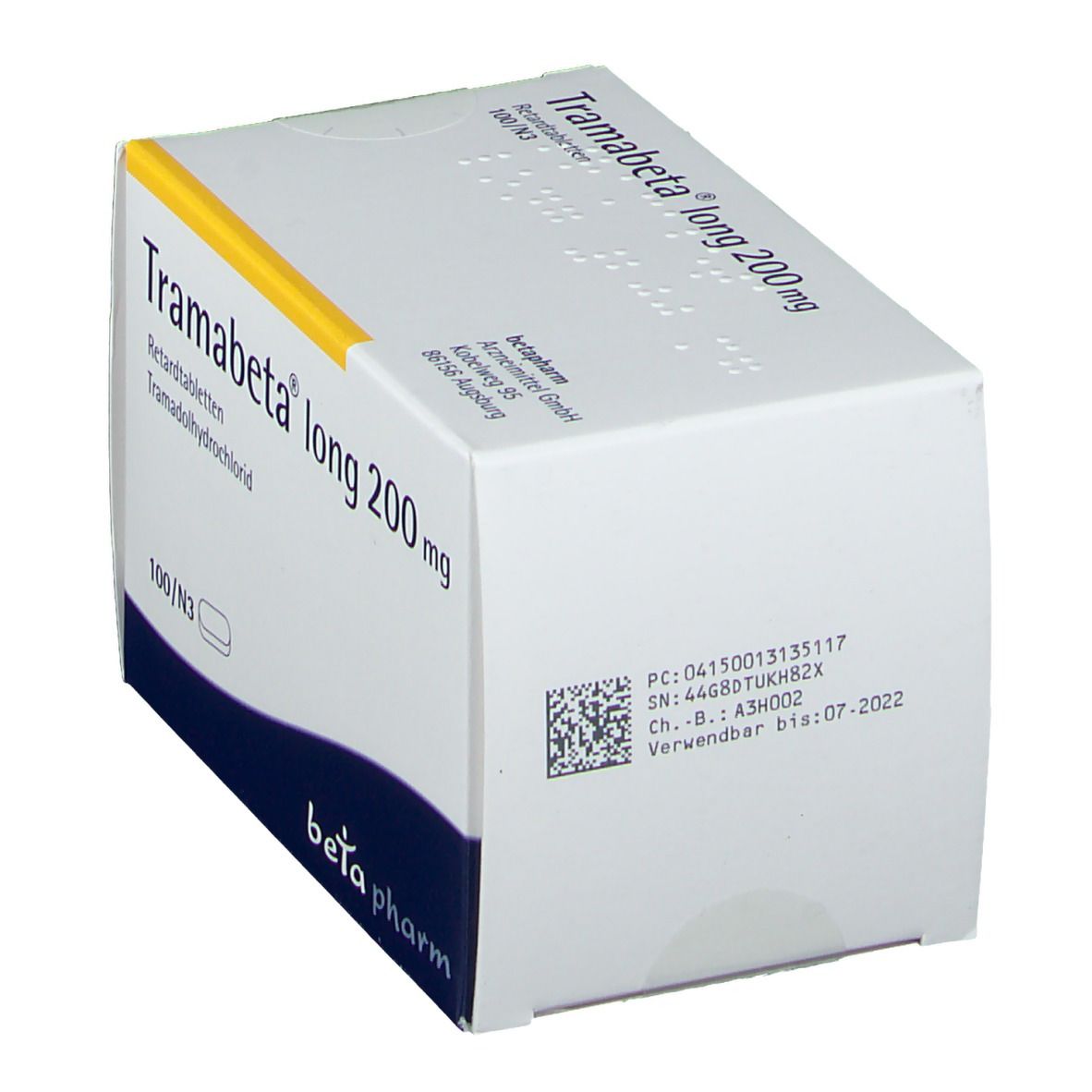 Schachtel "Tramabeta® long 200 mg". Weiß, blau und gelb. "beta pharm" Logo. Text und Barcode auf der Seite.