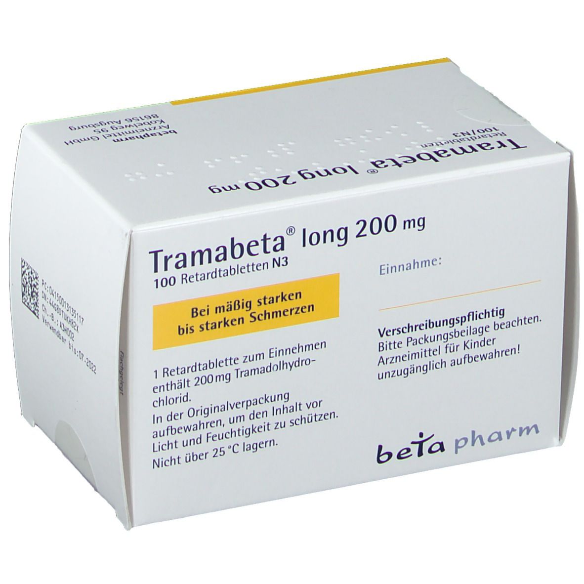 Schachtel "Tramabeta® long 200 mg". Weiß, blau und gelb. "beta pharm" Logo. Text auf der Vorderseite.