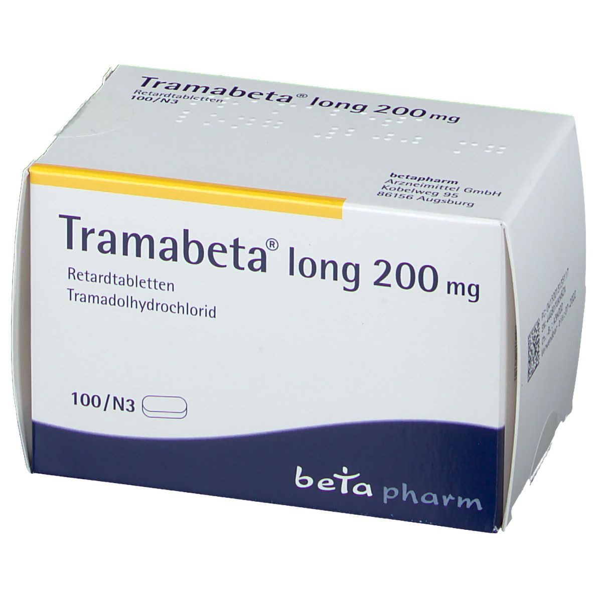 Schachtel "Tramabeta® long 200 mg". Weiß, blau und gelb. "beta pharm" Logo. 100/N3.