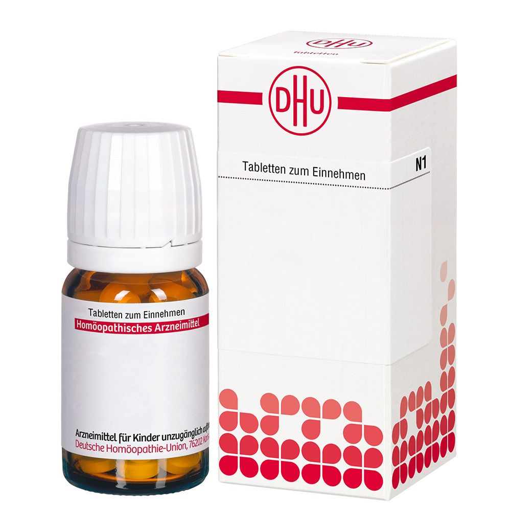 Braune Glasflasche und Karton. Aufschrift: DHU, Tabletten zum Einnehmen, Homöopathisches Arzneimittel. Weiße Verpackung mit roten Elementen.