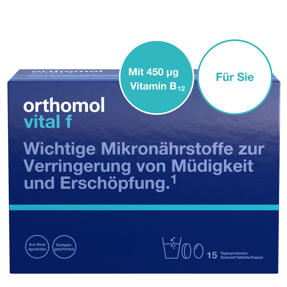 Orthomol Vital f für Frauen - bei Müdigkeit - mit B-Vitaminen, Omega-3 und Magnesium - Granulat/Tabletten/Kapseln - Orangen-Geschmack