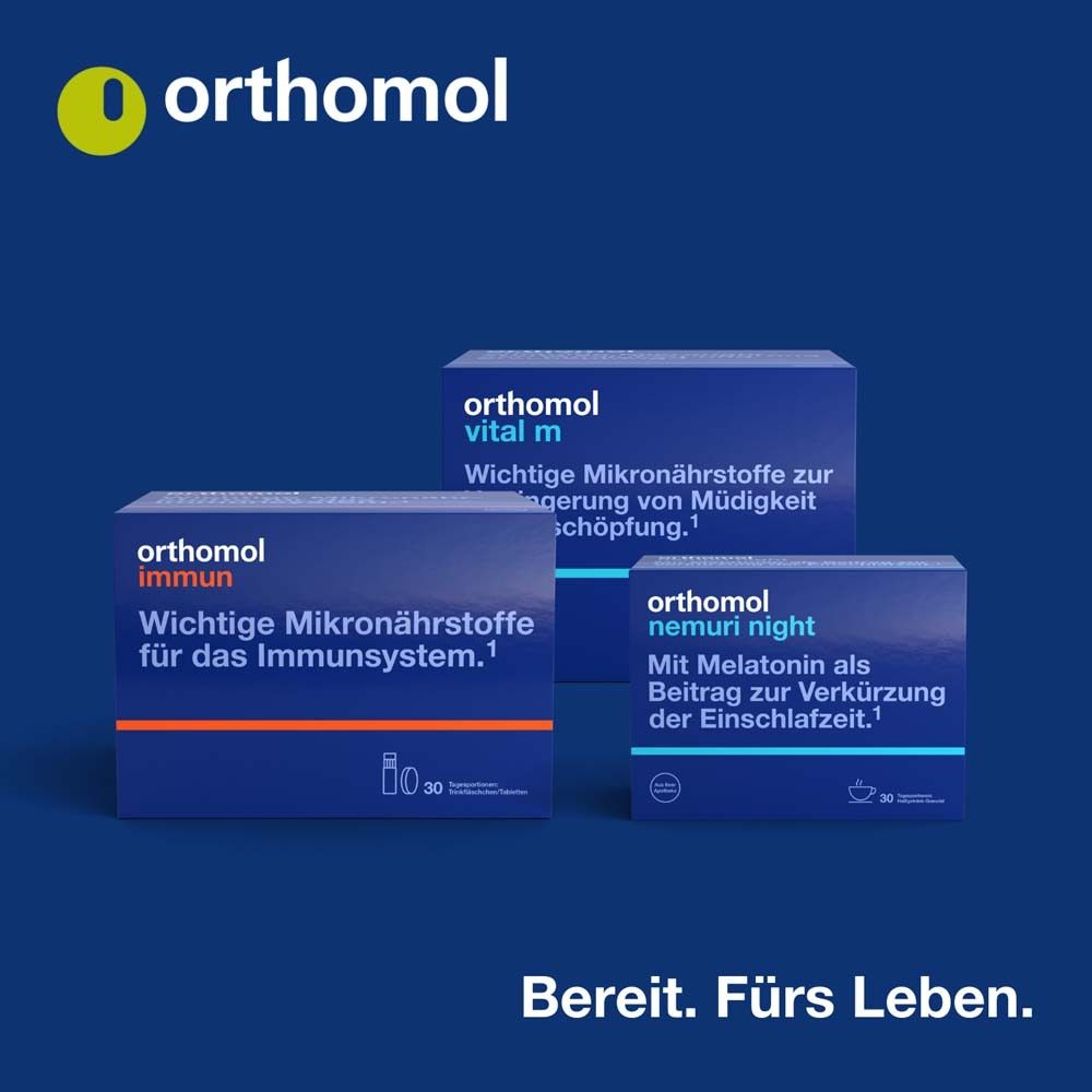 Orthomol Vital f Packung von der Seite. Enthält 7 Tagesportionen.