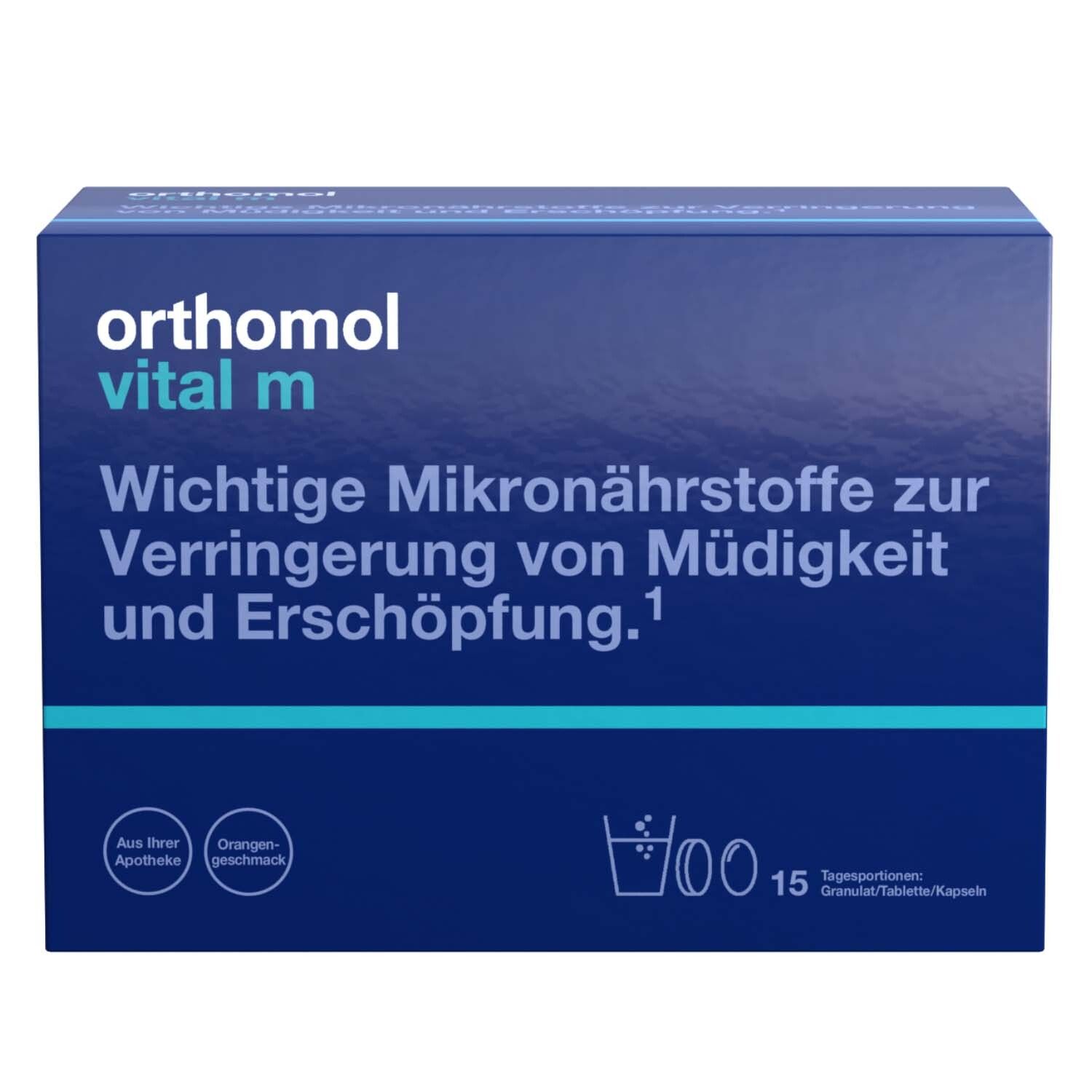 Orthomol Vital m für Männer - bei Müdigkeit - mit B-Vitaminen und Omega-3 - Granulat/Tabletten/Kapseln - Orangen-Geschma