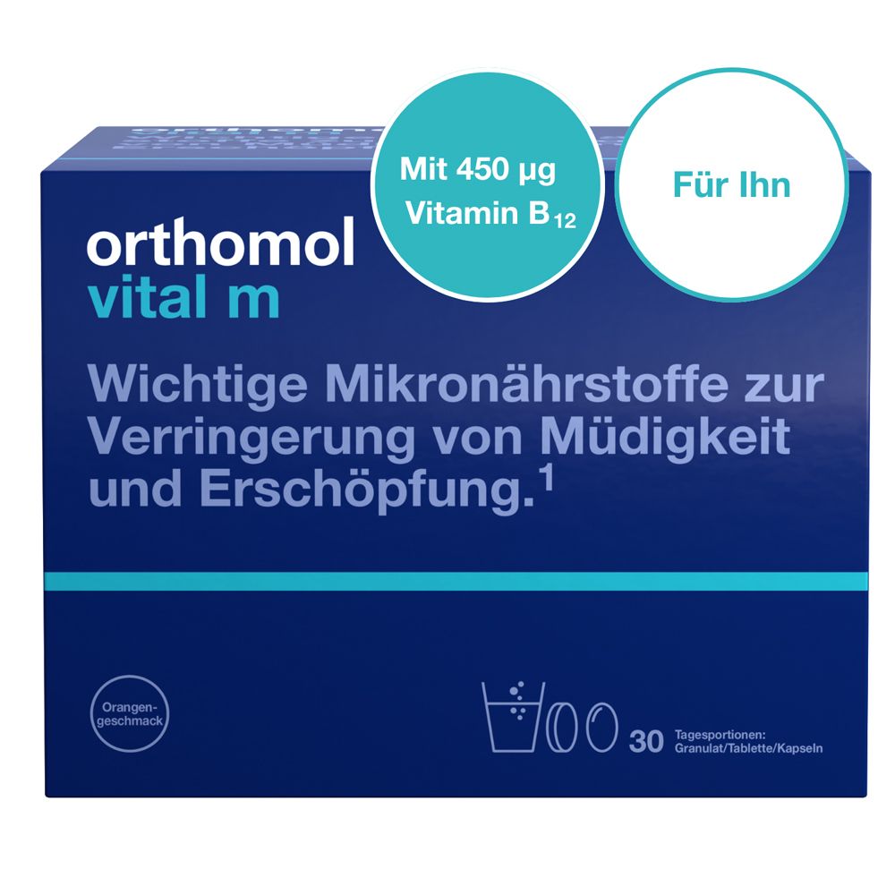 Orthomol Vital m für Männer - bei Müdigkeit - mit B-Vitaminen und Omega-3 - Granulat/Tabletten/Kapseln - Orangen-Geschmack