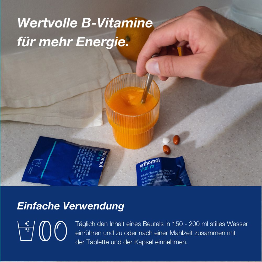 Orthomol Vital m für Männer - bei Müdigkeit - mit B-Vitaminen und Omega-3 - Granulat/Tabletten/Kapseln - Orangen-Geschmack