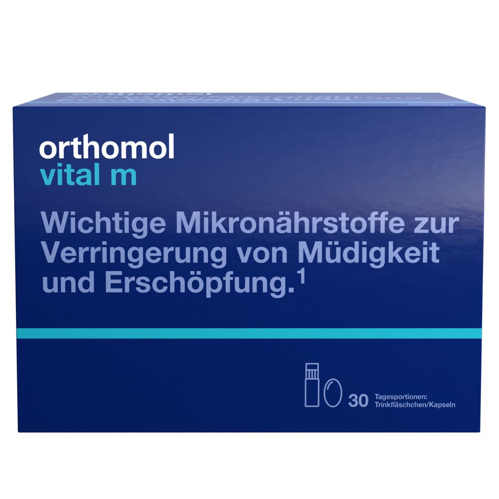 Orthomol Vital m für Männer - bei Müdigkeit - mit B-Vitaminen, Omega-3 und Magnesium - Trinkampullen/Kapseln - Orangen-G