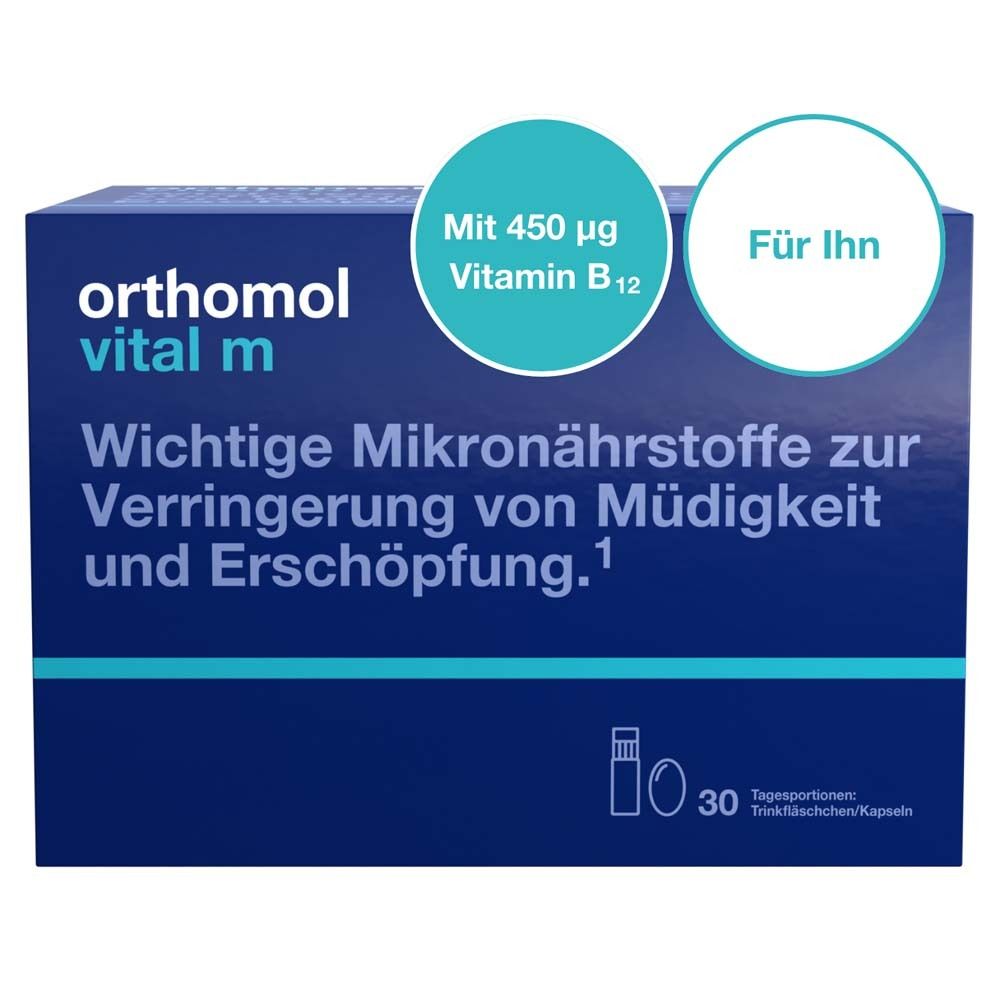 Orthomol Vital m für Männer - bei Müdigkeit - mit B-Vitaminen, Omega-3 und Magnesium - Trinkampullen/Kapseln - Orangen-Geschmack