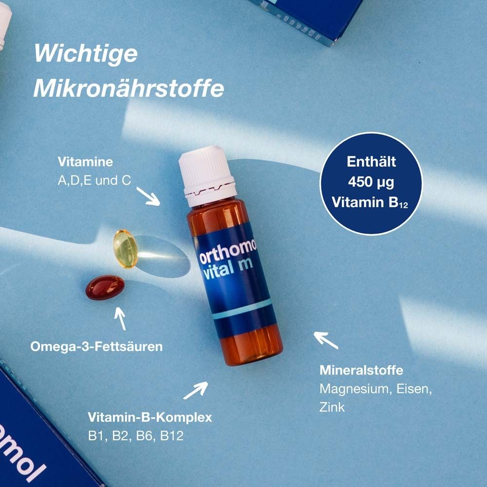 Orthomol Vital m für Männer - bei Müdigkeit - mit B-Vitaminen, Omega-3 und Magnesium - Trinkampullen/Kapseln - Orangen-Geschmack