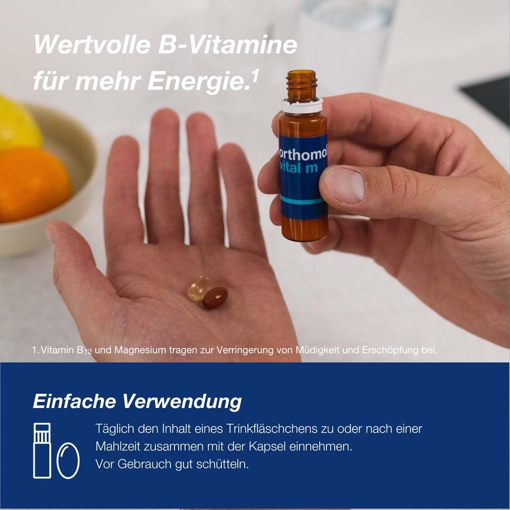 Orthomol Vital m für Männer - bei Müdigkeit - mit B-Vitaminen, Omega-3 und Magnesium - Trinkampullen/Kapseln - Orangen-Geschmack