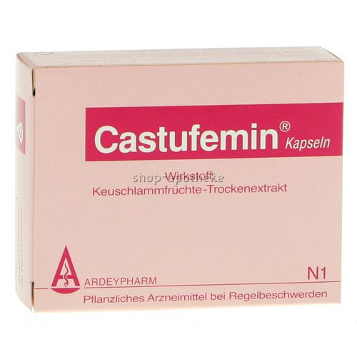 Rosa Verpackung mit Aufschrift Castufemin Kapseln. Enthält Keuschlammfrüchte-Trockenextrakt. Marke ARDEYPHARM, N1.