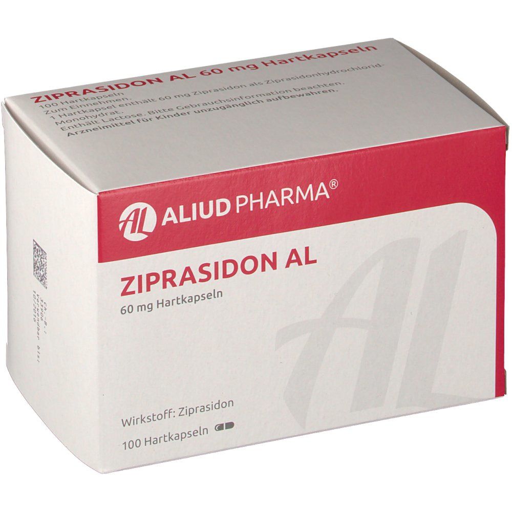 Schachtel mit Ziprasidon AL 60 mg Hartkapseln. Rote und weiße Verpackung mit Produktnamen und Logo von Aliud Pharma. 100 Hartkapseln.