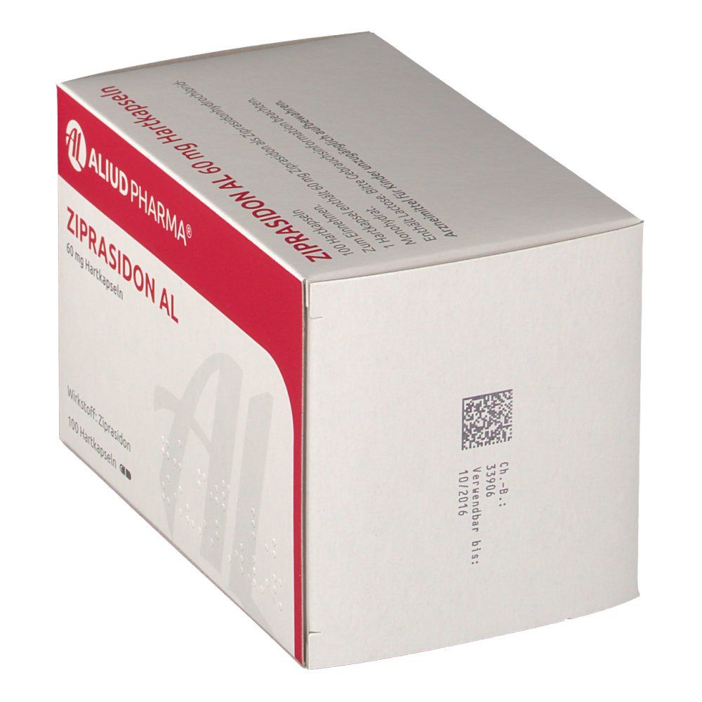 Schachtel mit Ziprasidon AL 60 mg Hartkapseln. Rote und weiße Verpackung mit Produktnamen und Logo von Aliud Pharma. 100 Hartkapseln.