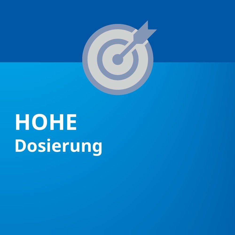 Symbol eines Ziels mit Pfeil. Text: Hohe Dosierung.