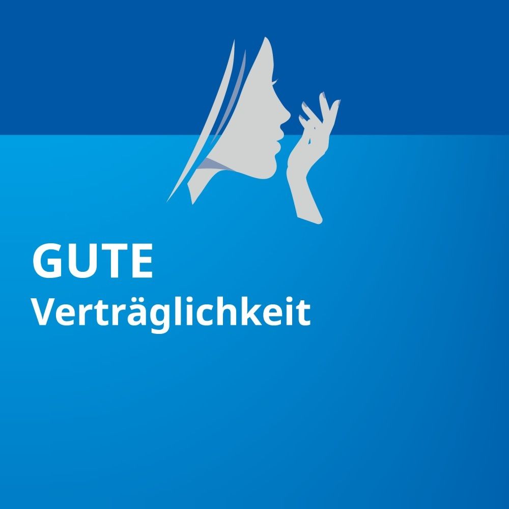 Profil einer Frau mit Hand am Kinn. Text: Gute Verträglichkeit.