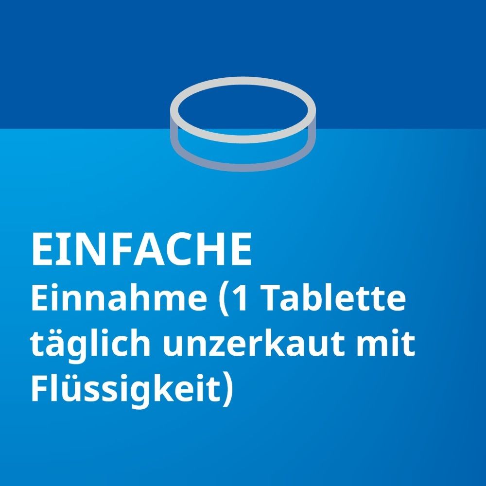 Symbol einer Tablette. Text: Einfache Einnahme (1 Tablette täglich unzerkaut mit Flüssigkeit).