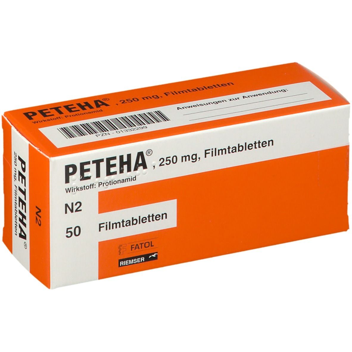 Orange-weiße Schachtel mit PETEHA, 250 mg Filmtabletten. N2, 50 Tabletten. FATOL-Logo.